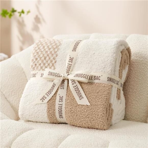 Checkered Blanket, Beige Throw Blanket for Couch Plaid Microfiber Fluffy Warm - Picture 2 of 7